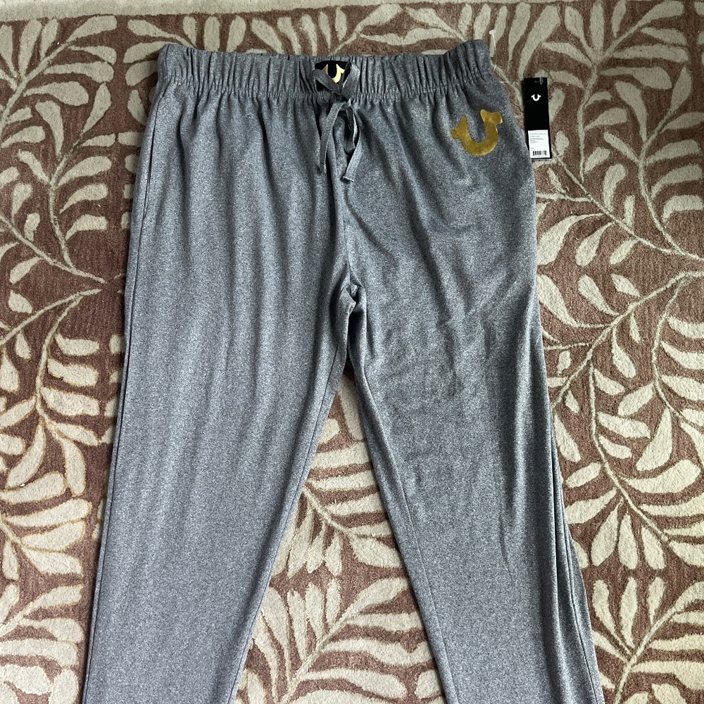 NEW True Religion Gold Logo Pants Loungewear Sweatpants Mens Large NWT Gray
